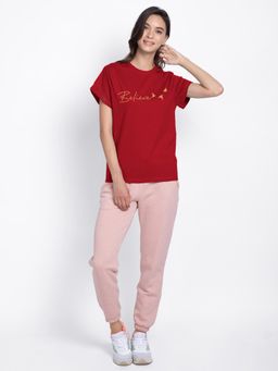 Bewakoof - Women's Red Believe Typography Boyfriend T-shirt