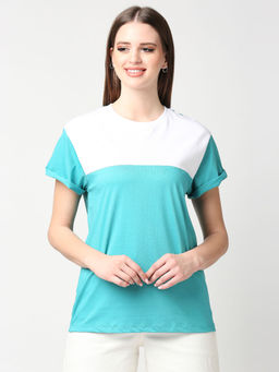 Bewakoof - Tropical Blue-White Colour Block Boyfriend T-Shirts