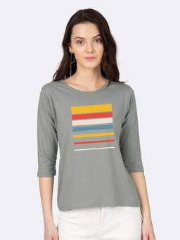 Bewakoof - Women's Grey Sunset Block 3/4th Sleeve Printed Slim Fit T-shirt