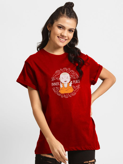 Buy Bewakoof Women's Red Inner Peace Graphic Printed Boyfriend T