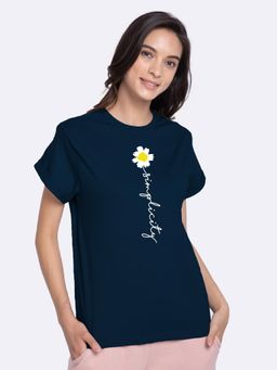 Bewakoof - Women's Blue Simplicity Daisy Typography Boyfriend T-shirt