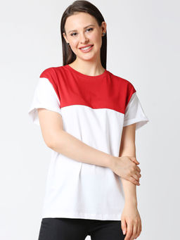 Bewakoof - White-Bold Red Colour Block Boyfriend T-Shirts