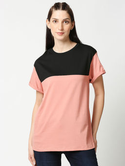 Bewakoof - Misty Pink-Black Colour Block Boyfriend T-Shirts