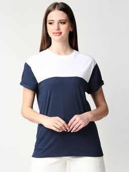 Bewakoof - Navy Blue- White Colour Block Boyfriend T-Shirts