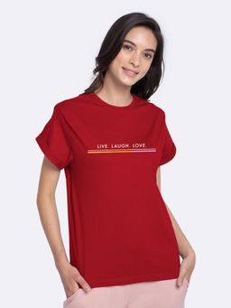 Bewakoof - Women's Live Love Strip Boyfriend T-Shirts Bold Red