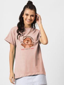 Bewakoof - Music Bear Boyfriend T-Shirts Baby Pink