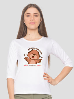 Bewakoof - Music Bear Round Neck 3/4 Sleeve T-Shirts White