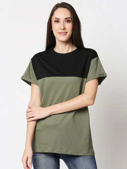 Bewakoof - Olive- Black Colour Block Boyfriend T-Shirts