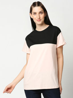 Bewakoof - Baby Pink-Black Colour Block Boyfriend T-Shirts