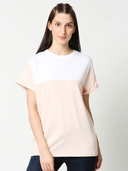 Bewakoof - Baby Pink-White Colour Block Boyfriend T-Shirts