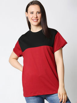 Bewakoof - Women's Red Velvet-Black Color Block Boyfriend T-Shirt
