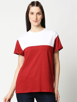 Bewakoof - Red Velvet-White Colour Block Boyfriend T-Shirts