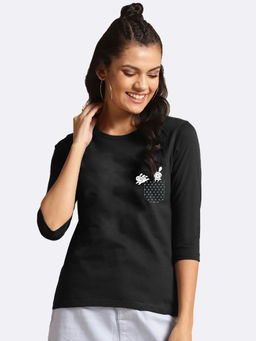 Bewakoof - Women's Bunny Rabbit Pocket 3/4 Sleeve Slim Fit T-shirt