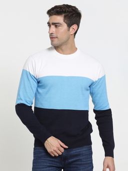 Bewakoof - Men's Blue & White Color Block Flat Knit Sweater