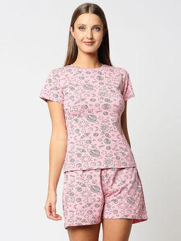 Bewakoof - Women Pink Printed T-shirt And Shorts (set Of 2)