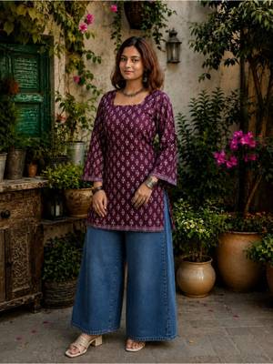 Buy MYSHKA Purple Floral Square Neck Kurti S - Image 1