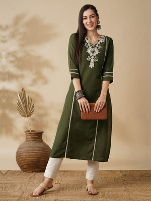 Neon Green Yoke Embroidered Long Kurta