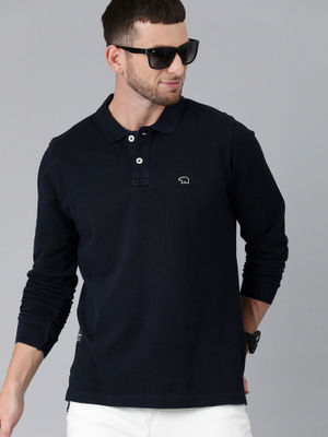 Buy THE BEAR HOUSE Men Navy Blue Solid Polo Collar Pure Cotton T-shirt ...