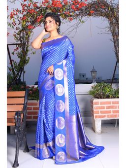 CHARUKRITI - Cobalt Blue Brocade Silk Saree with Traditional Motif and Unstitched Blouse