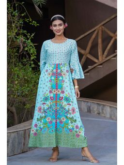 Juniper - Sky Blue Rayon Printed A-Line Kurta