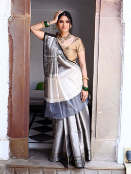 Banarasi Silk Works - Black & Silver Kanchi Silk Saree with Unstitched Blouse