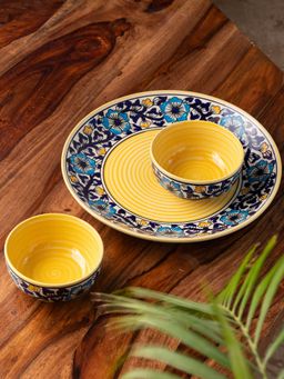 ExclusiveLane - Badamwari Bagheecha' Hand-Painted Ceramic Dinner Plate with Katoris (3 Pieces)