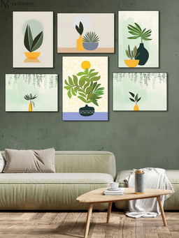 Nestroots - Graceful Plant and Elegant Vase Canvas Wall Painting (Pack of 6)