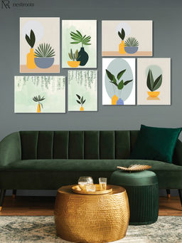 Nestroots - Green Plant In Yellow Vase Canvas Wall Painting (Pack of 7)