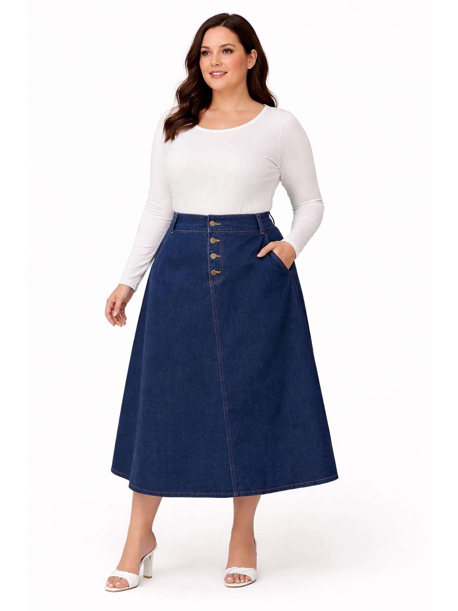 Women's Navy Blue Plus Size Denim Midi Skirt-image-2