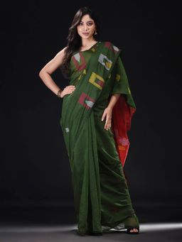 Beatitude - Green Blended Cotton Woven Saree with Unstitched Blouse