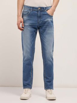 The Bear House - Men's Mid Blue Slim Fit Solid Casual Jeans
