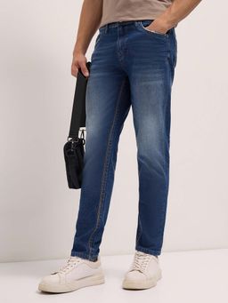 The Bear House - Men's Mid Blue Slim Fit Solid Casual Jeans