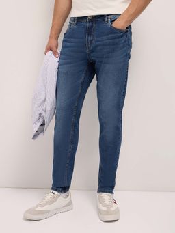 The Bear House - Men's Mid Blue Skinny Fit Solid Casual Jeans