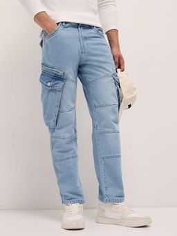 The Bear House - Men's Light Blue Straight Fit Solid Casual Jeans