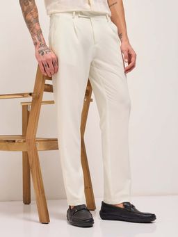 The Bear House - Men's Fit Cream Solid Formal Trouser