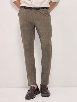 The Bear House - Men's Slim Fit Brown Textured Formal Trouser