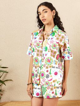 Uptownie - Printed White Shirt and Shorts (Set of 2)