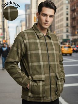 RIGO - Men Olive Green Checked Oversized Zip-Up Front Shacket