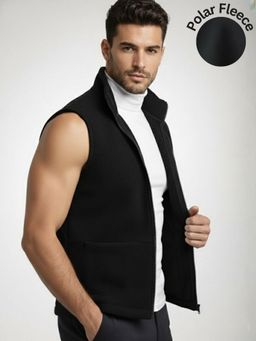RIGO - Men Black Fleece Regular Fit Zip-Up Front Vest Jacket