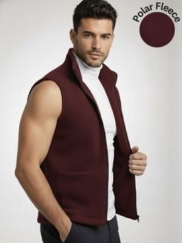 RIGO - Men Maroon Fleece Regular Fit Zip-Up Front Vest Jacket
