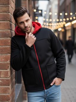 RIGO - Men Black Fleece Regular Fit Zip-Up Front Hoodie