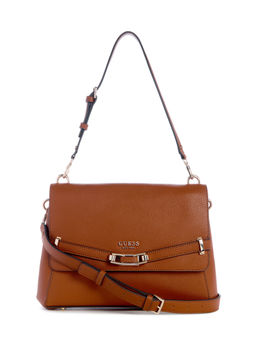 Guess - Cognac Brown Solid Sylvie Flap Shoulder Bag