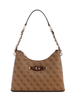 Guess - Latte Brown Printed Izzy Top Zip Shoulder Bag