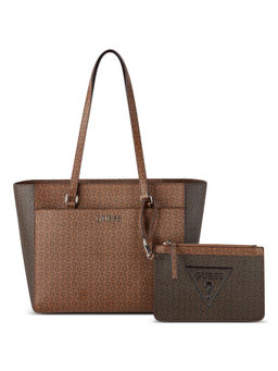 Guess - Cocoa Brown Multi Printed Delphine Tote Bag With Pouch (Set of 2)