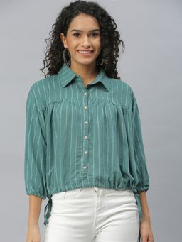 SHOWOFF - Women Shirt Collar Stripes Sea Green Regular Top