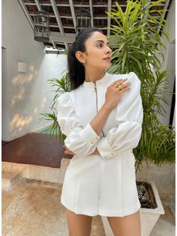 Label Deepika Nagpal - Pearl White Playsuit With Exaggerated Sleeves And Belt (Set of 2)