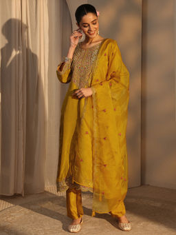 Libas - Yellow Embroidered Three Fourth Sleeves Kurta Pant & Dupatta
