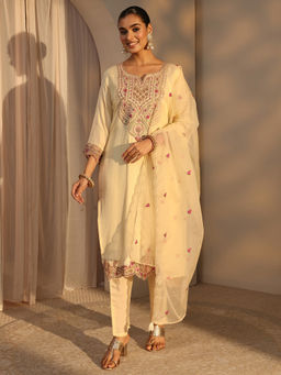 Libas - Cream Embroidered Three Fourth Sleeves Kurta Pant & Dupatta