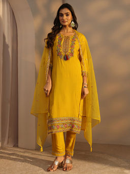 Libas - Yellow Embroidered Three Fourth Sleeves Kurta Pant & Dupatta