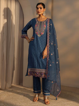 Libas - Blue Embroidered Three Fourth Sleeves Kurta Pant & Dupatta